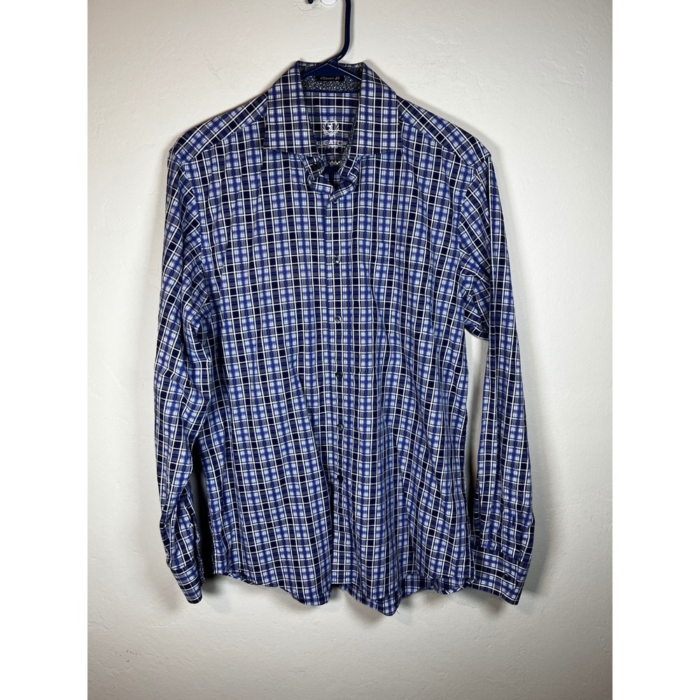 Bugatchi Uomo Men's Classic Fit Blue Plaid Long Sleeve Dress Shirt Cotton